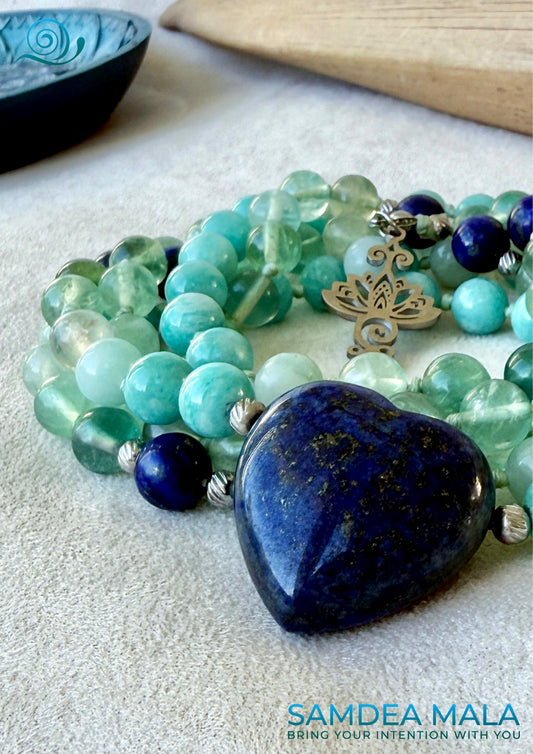 Lapis heart, Handmade Mala Beads – Amazonite, Fluorite and Lapis Lazuli for Meditation, Clarity & Healing close-up by Samdea Mala. Virgo zodiac sign mala necklace