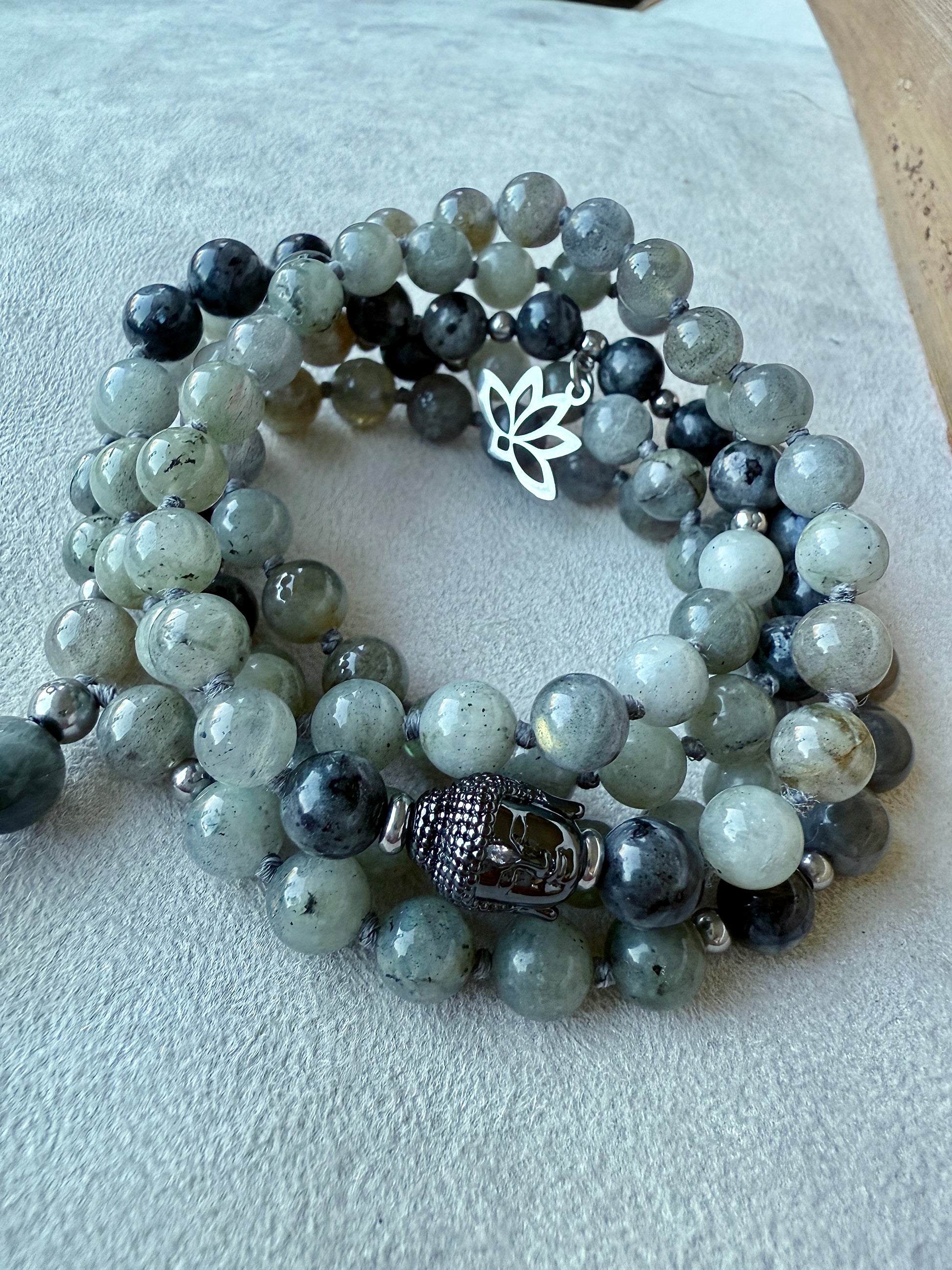 Labradorite and Hawk Eye - custom mala bead, spiritual mala -  Lotus pendant
