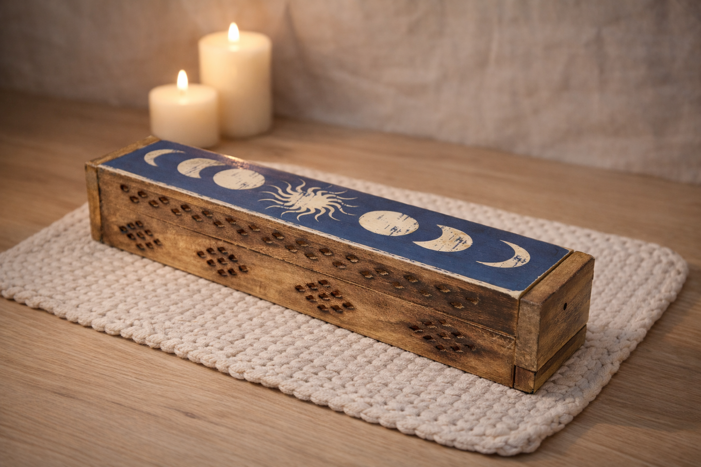 Lunar Phases incense burner Samdea Mala wood incense coffin box burner with diamond cutouts