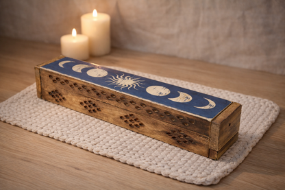 Lunar Phases incense burner Samdea Mala wood incense coffin box burner with diamond cutouts