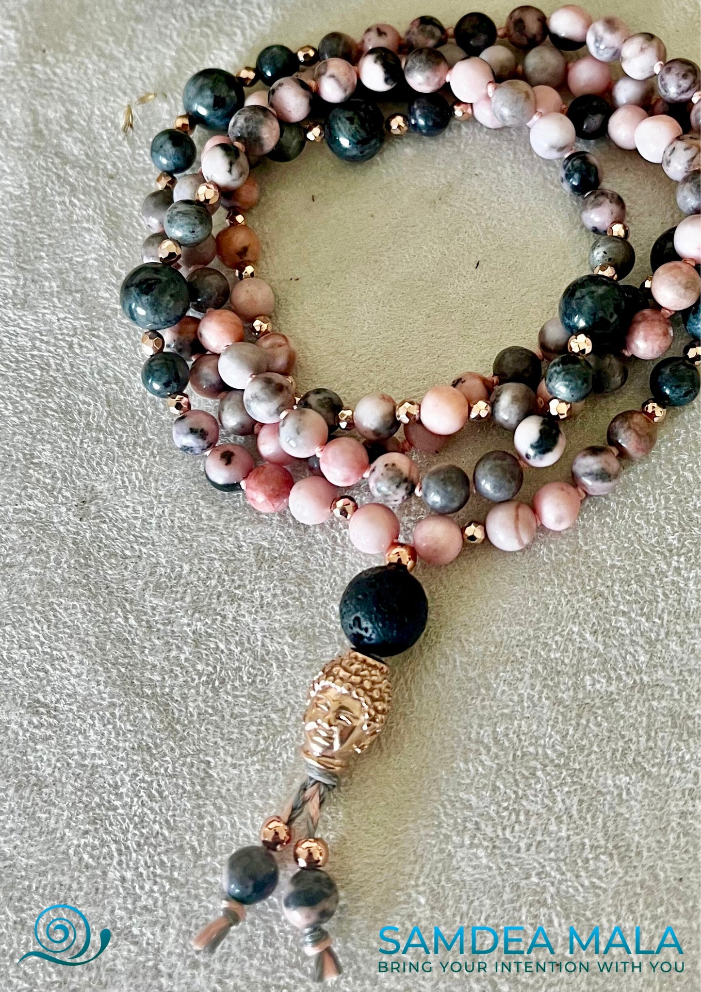 MALA IN JASPER - custom mala beads, spiritual mala, prayer beads, gemstone necklace, Hanuman, Sri Lanka, Sri Lanka Moonstone - Samdea Mala