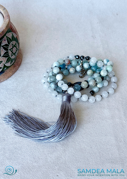 108 Mala beads for meditation in Aquamarine and White Jade with Tassel for peace and presence