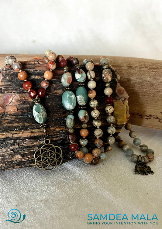 Mini Mala in Aqua Terra Jasper with Life Seed pendant and elephant charm - handmade meditation necklace, natural gemstones - Samdea Mala