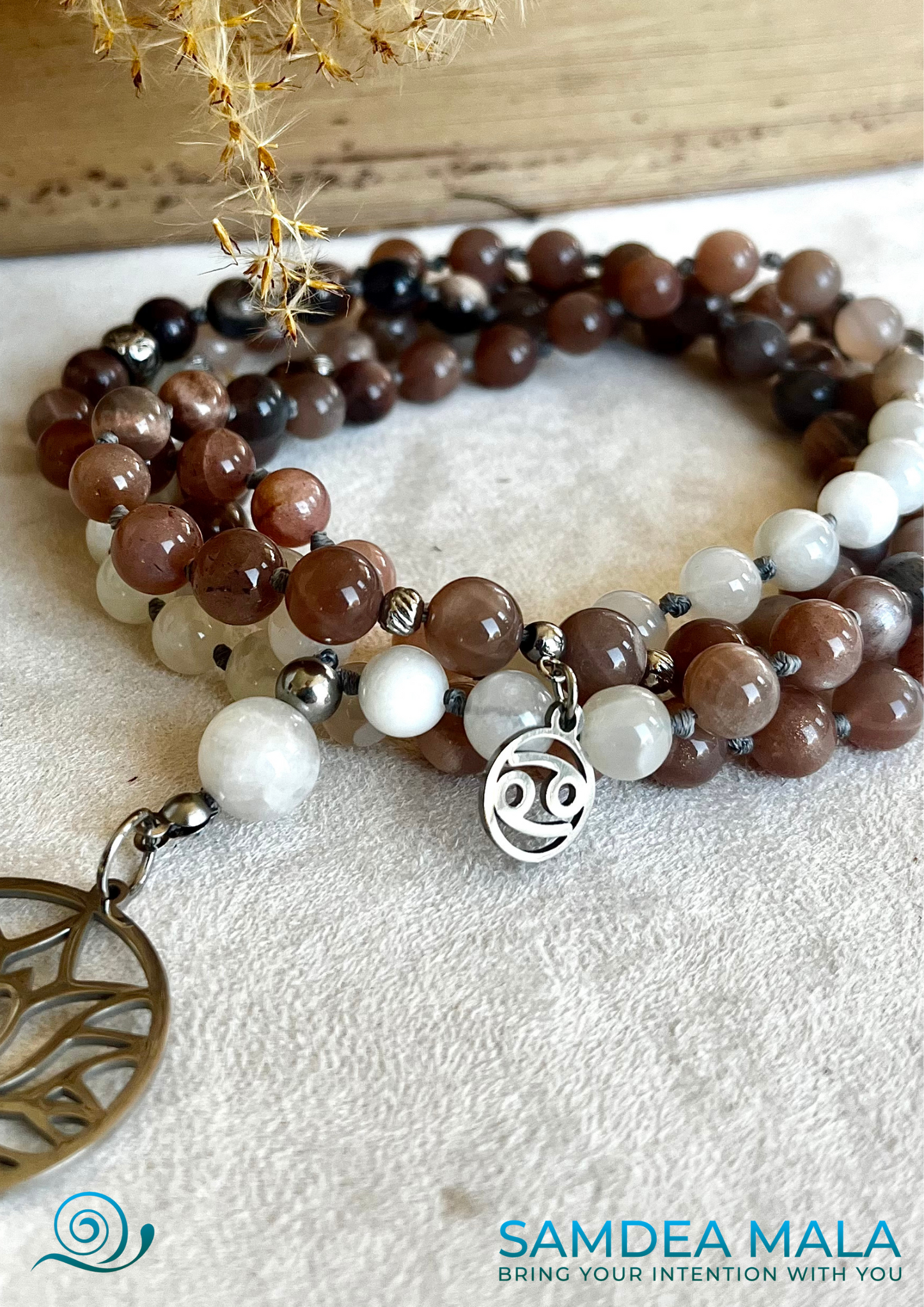 Mala for Cancer - custom mala beads, spiritual mala, gemstone necklace, gemstone for zodiac sign, zodiac crystal, zodiac gemstones - Samdea Mala