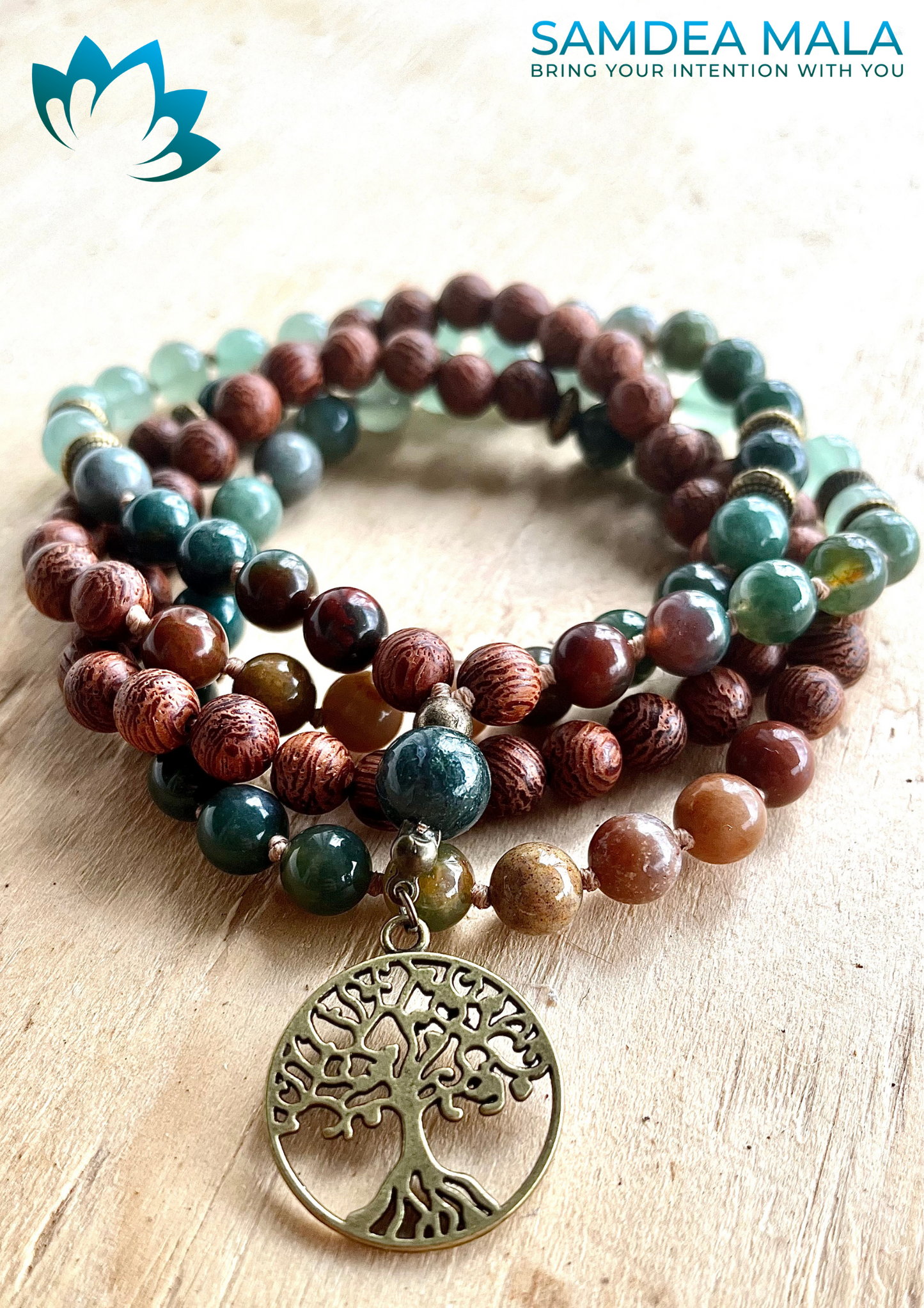 Mala in dragon wood, Indian Agate and Aventurine - meditation mala, custom mala, meditation necklace, spiritual mala, Mala for man - Samdea Mala