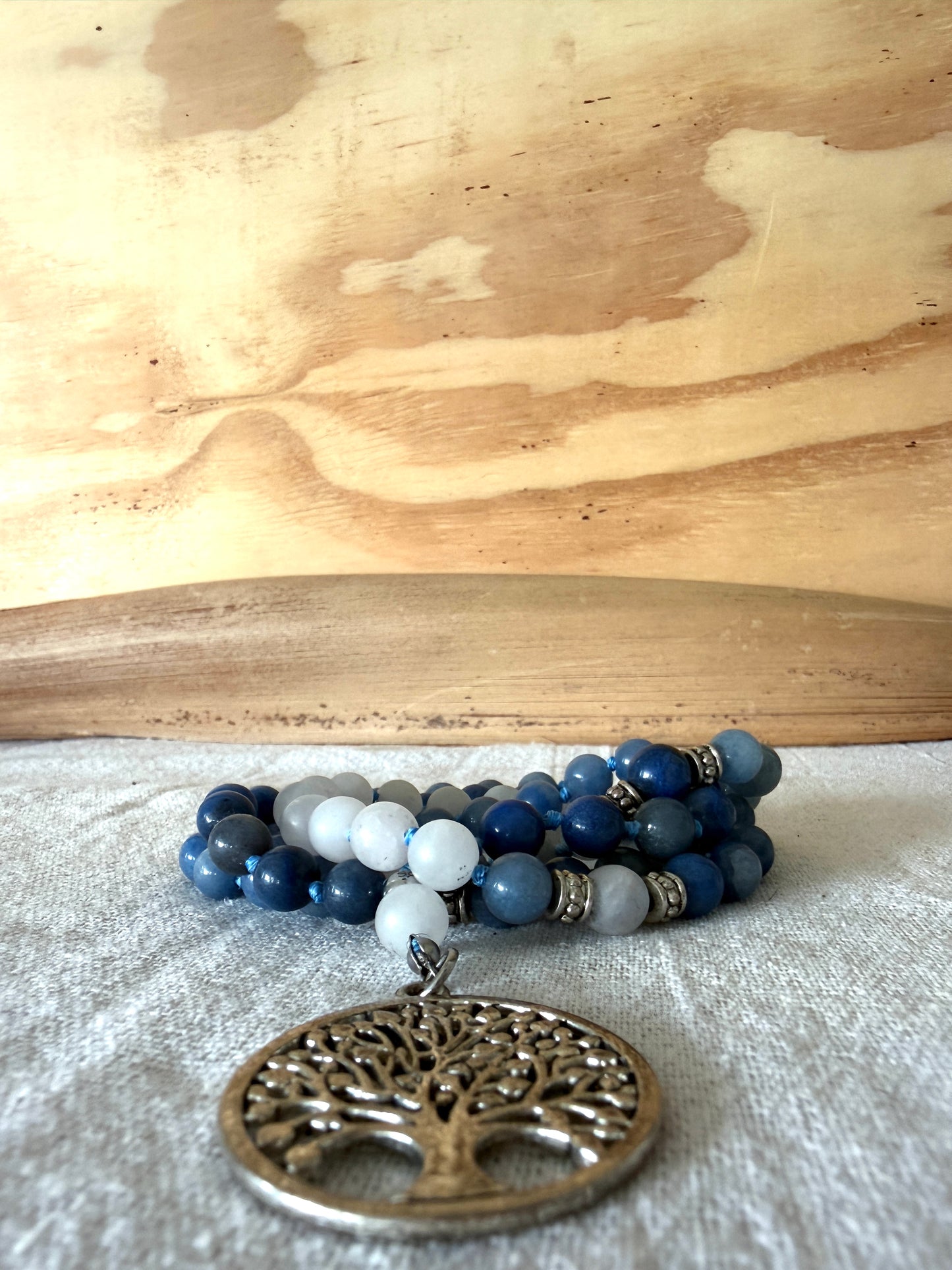 Detail of Blue Aventurine Short Mala Necklace – 81 Bead Mala with Frosted Clear Quartz and Tree of Life Pendant, Mala for Meditation and Inner Calm