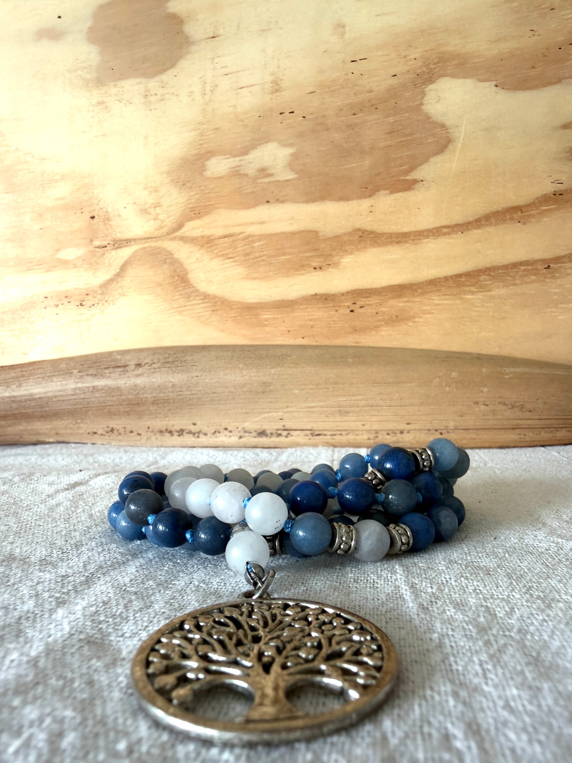 Detail of Blue Aventurine Short Mala Necklace – 81 Bead Mala with Frosted Clear Quartz and Tree of Life Pendant, Mala for Meditation and Inner Calm