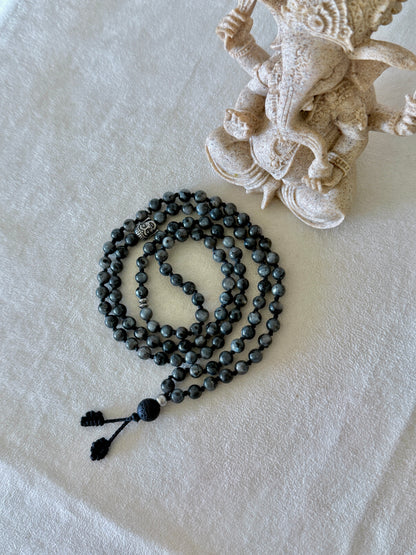 Mala for man. Grey larvikite mala necklace with 6 mm beads, lava stone meru, stainless steel Buddha charm and grounding spiritual jewelry. Natural gemstone mala for meditation.