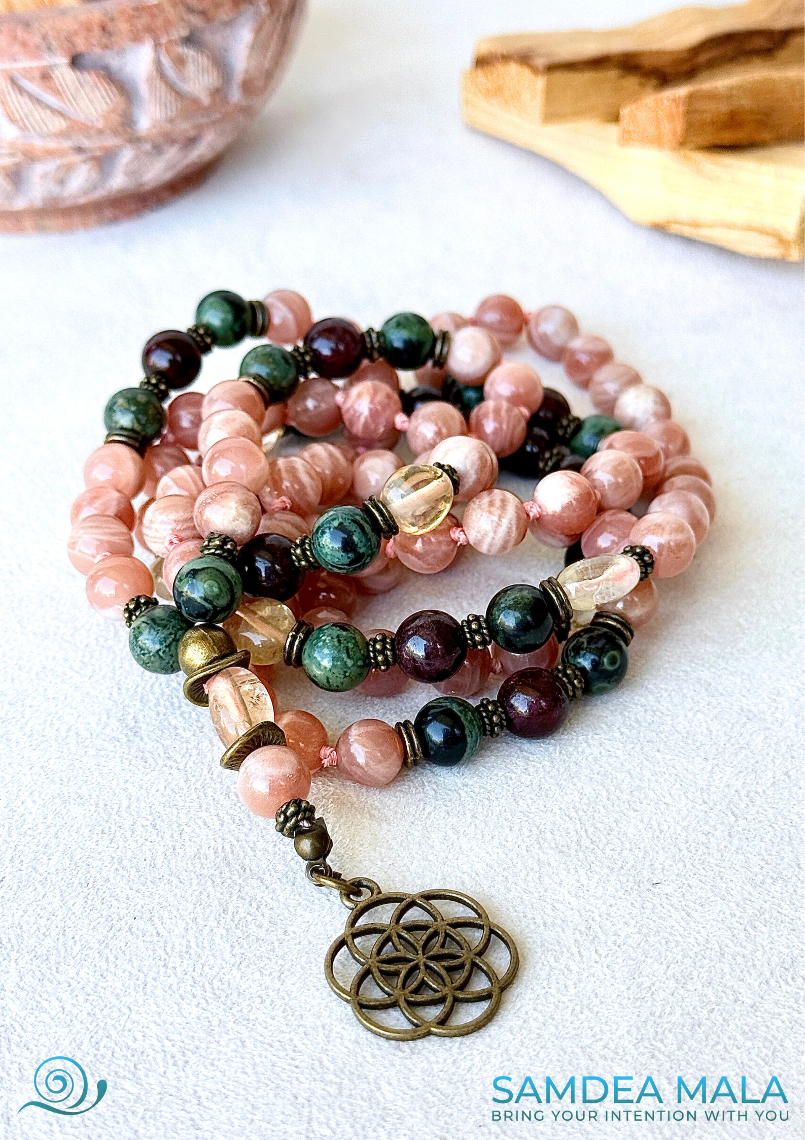 meditation mala, intention 108 necklace, custom mala, energy crystals necklace, spiritual mala, custom mala bracelet, natural gemstones for spiritual grow with seed of life pendant
