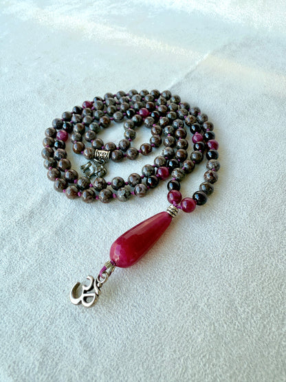 Minimalist meru option on customized mala necklace (snowflake obsidian + garnet)