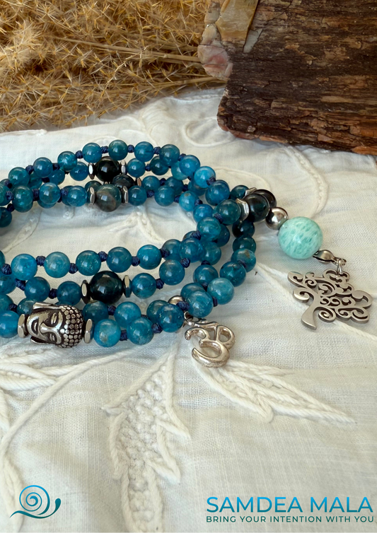 Apatite Mala Beads Necklace Handmade – Meditation Jewelry for Clarity and Focus - meditation bracelet, intention bracelets, custom mala, tibetan wrist mala, energy crystals bracelets, spiritual mala, bracelets with crystals, custom mala bracelet, natural gemstones bracelets - Samdea Mala