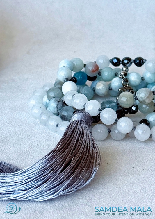Mala in Aquamarine and White Jade with Tassel for peace and presence