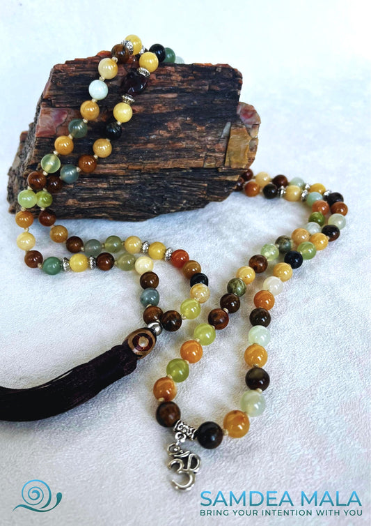 Samdea Mala – Jade Xiuyan mala beads with soft earth colours with tassel and small om charm - accessories for minfulnees, prayer beads, 108 mala necklace, spiritual journey 