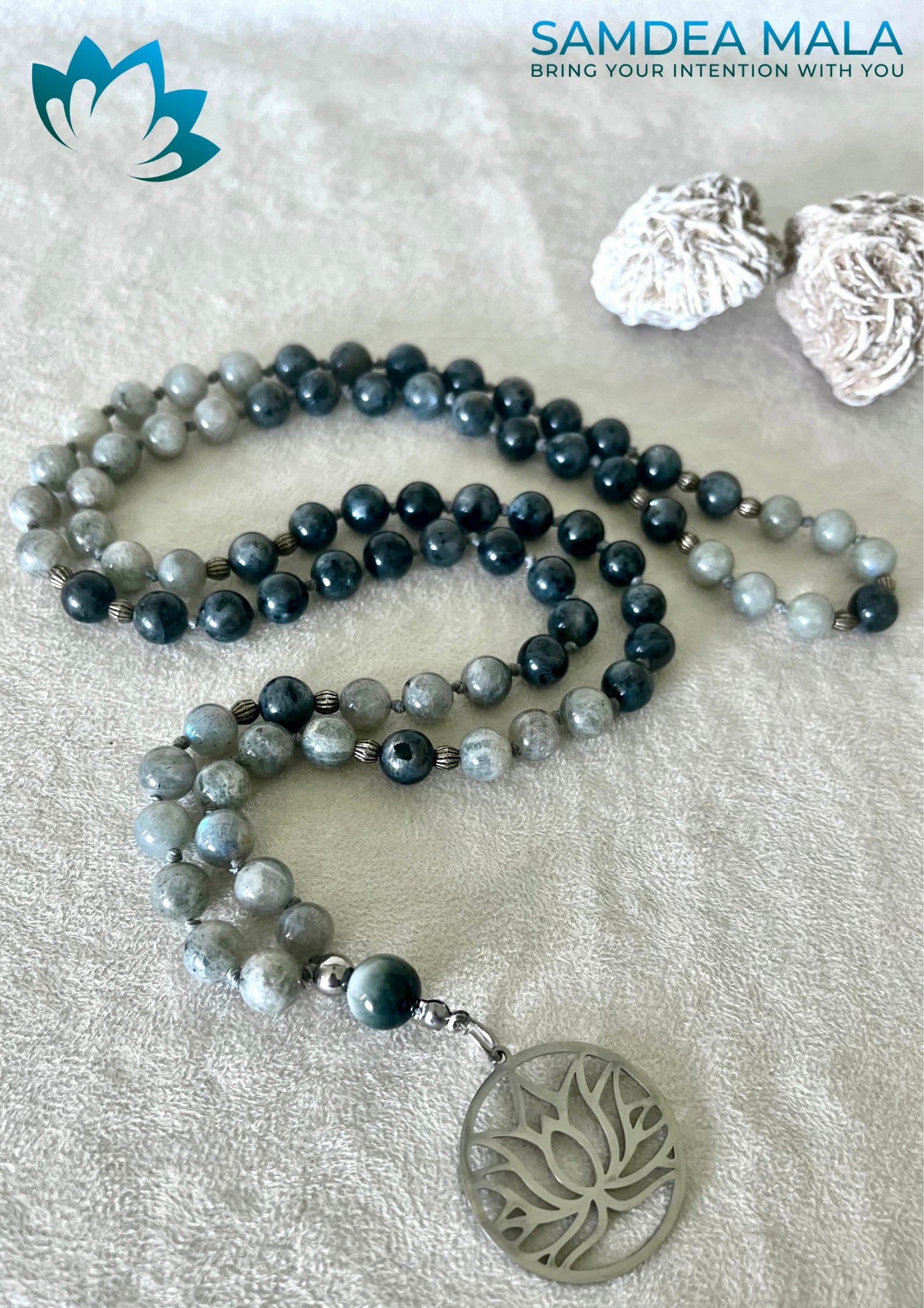 Mala in Labradorite and Hawk Eye - custom mala bead, spiritual mala , success, mala beads, prayer beads - Samdea Mala