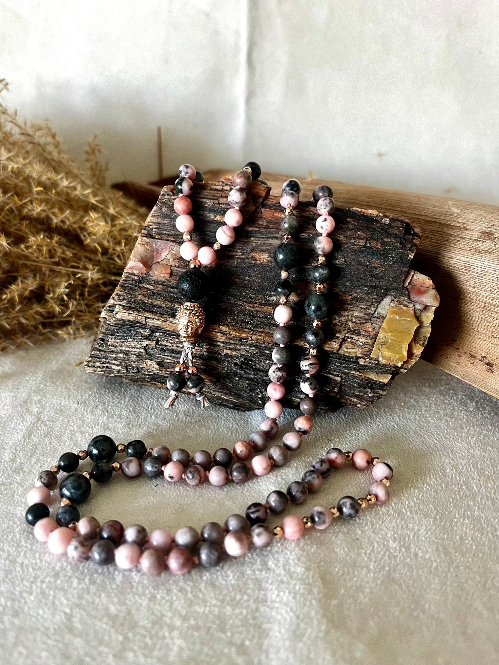 MALA IN JASPER - custom mala beads, spiritual mala, prayer beads, gemstone necklace, Hanuman, Sri Lanka, Sri Lanka Moonstone - Samdea Mala