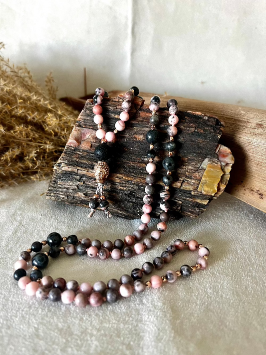 Mini Mala Beads Necklace Handmade – Zebra Jasper and Labradorite - meditation bracelet, intention bracelets, custom mala, tibetan wrist mala, energy crystals bracelets, spiritual mala, bracelets with crystals, custom mala bracelet, natural gemstones bracelets - Samdea Mala