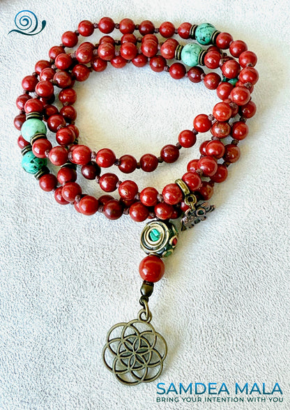 Mala necklace for meditation and grounding with  seed of life pendant.