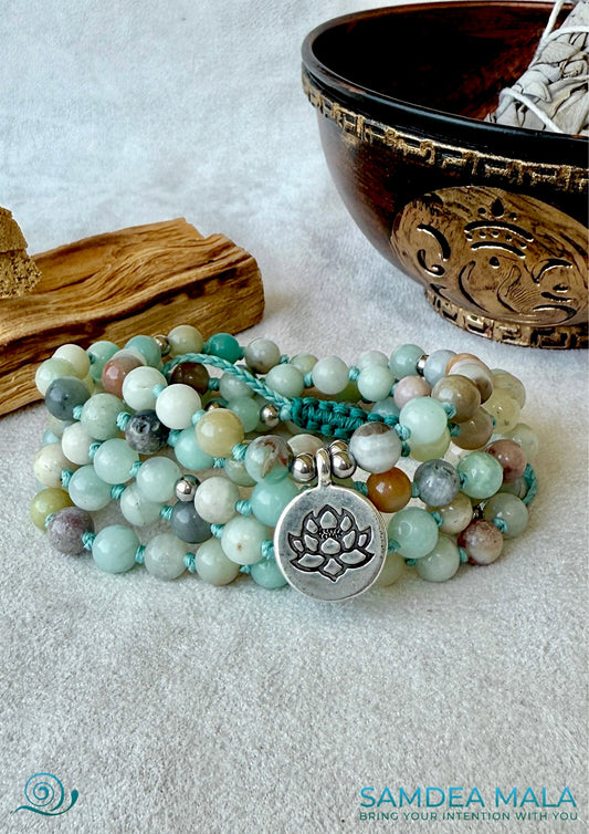 Mala bracelet in Amazonite with natural gemstones – a custom spiritual bracelet for meditation and intentions. Handmade Tibetan-style multi-loop bracelet by Samdea Mala.