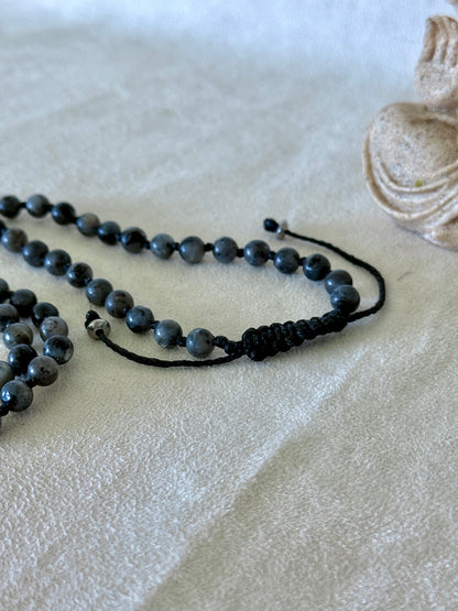 Man Spiritual bracelet, multi-round grey bracelet Natural larvikite wrap mala bracelet with small Buddha charm for meditation and grounding