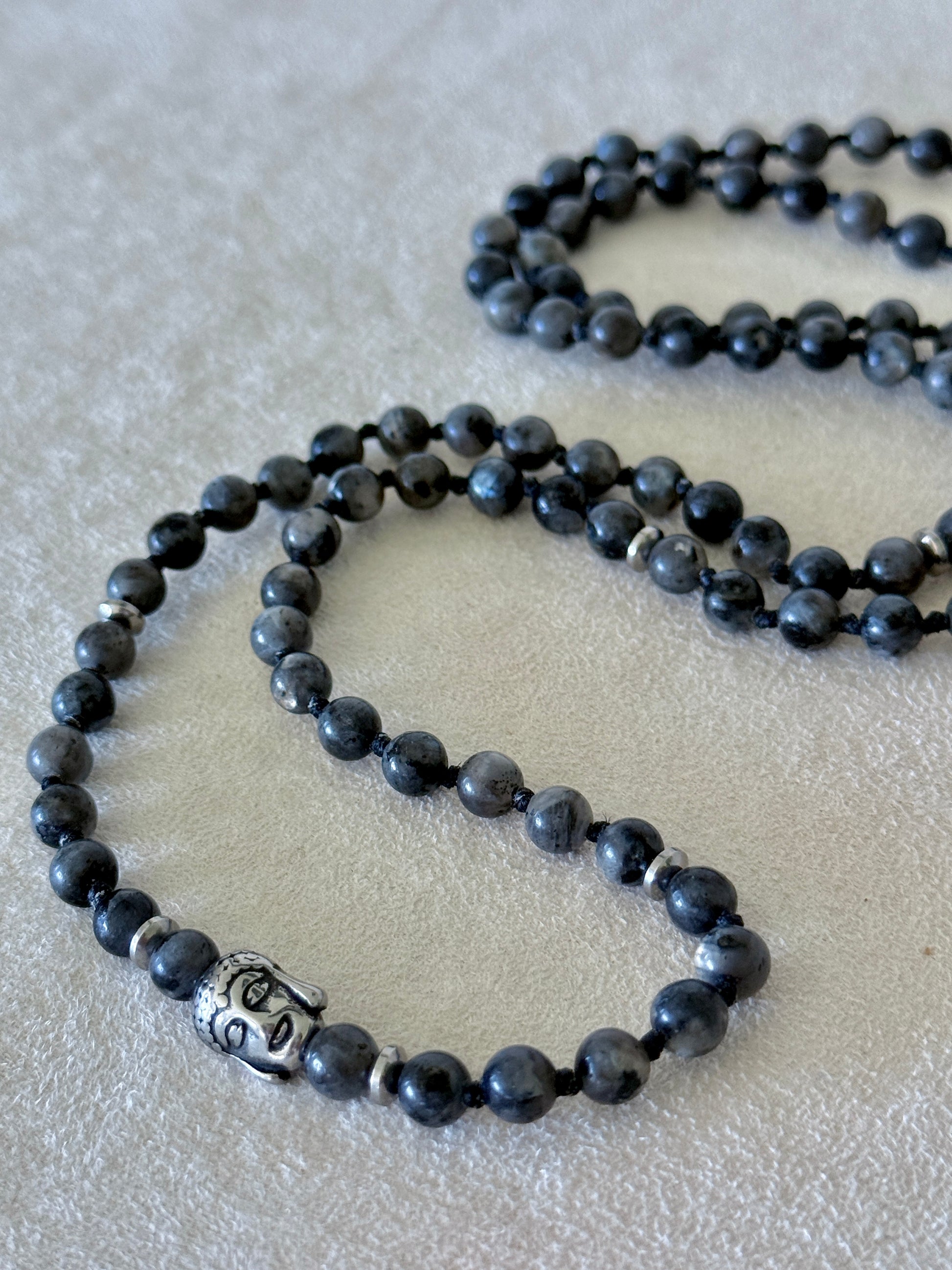 Man Spiritual bracelet, multi-round grey bracelet Natural larvikite wrap mala bracelet with small Buddha charm for meditation and grounding
