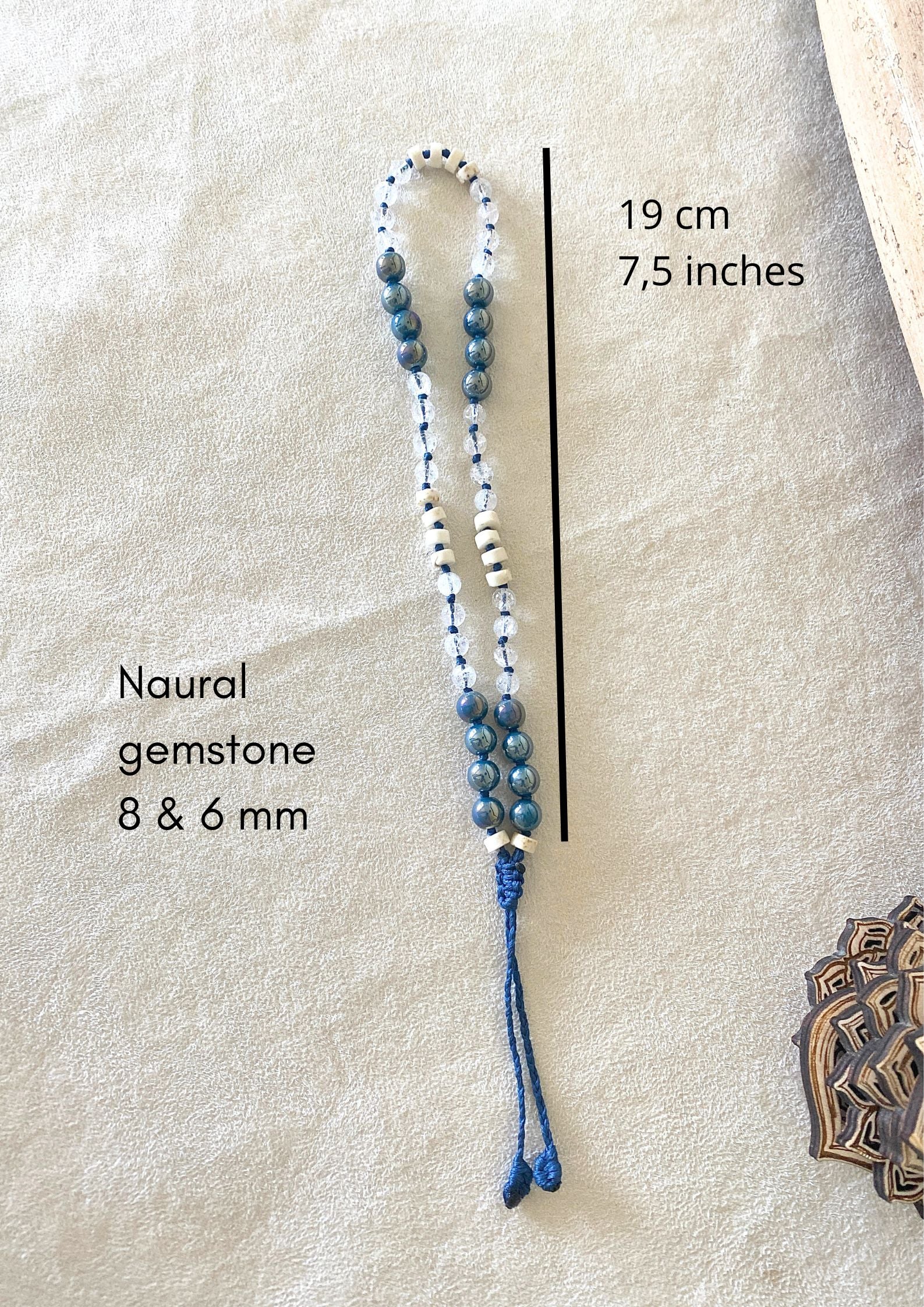 Measures of Aqua aura natural gemstone box breathing mala  bracelet for beathwork.