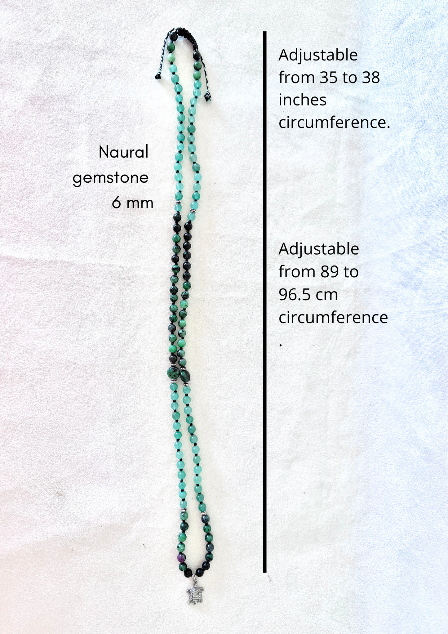Measures of Handmade Zoisite with Ruby and Aventurine green mala bracelet with natural 6 mm gemstones, stainless steel turtle charm, adjustable macramé closure, and 108 bead mala necklace design for yoga, meditation, gentle growth, protection, and spiritual transformation. Samdea Mala