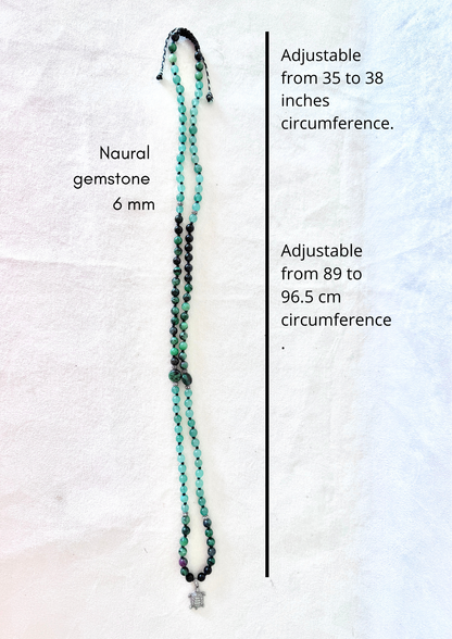Measures of Handmade Zoisite with Ruby and Aventurine green mala bracelet with natural 6 mm gemstones, stainless steel turtle charm, adjustable macramé closure, and 108 bead mala necklace design for yoga, meditation, gentle growth, protection, and spiritual transformation. Samdea Mala