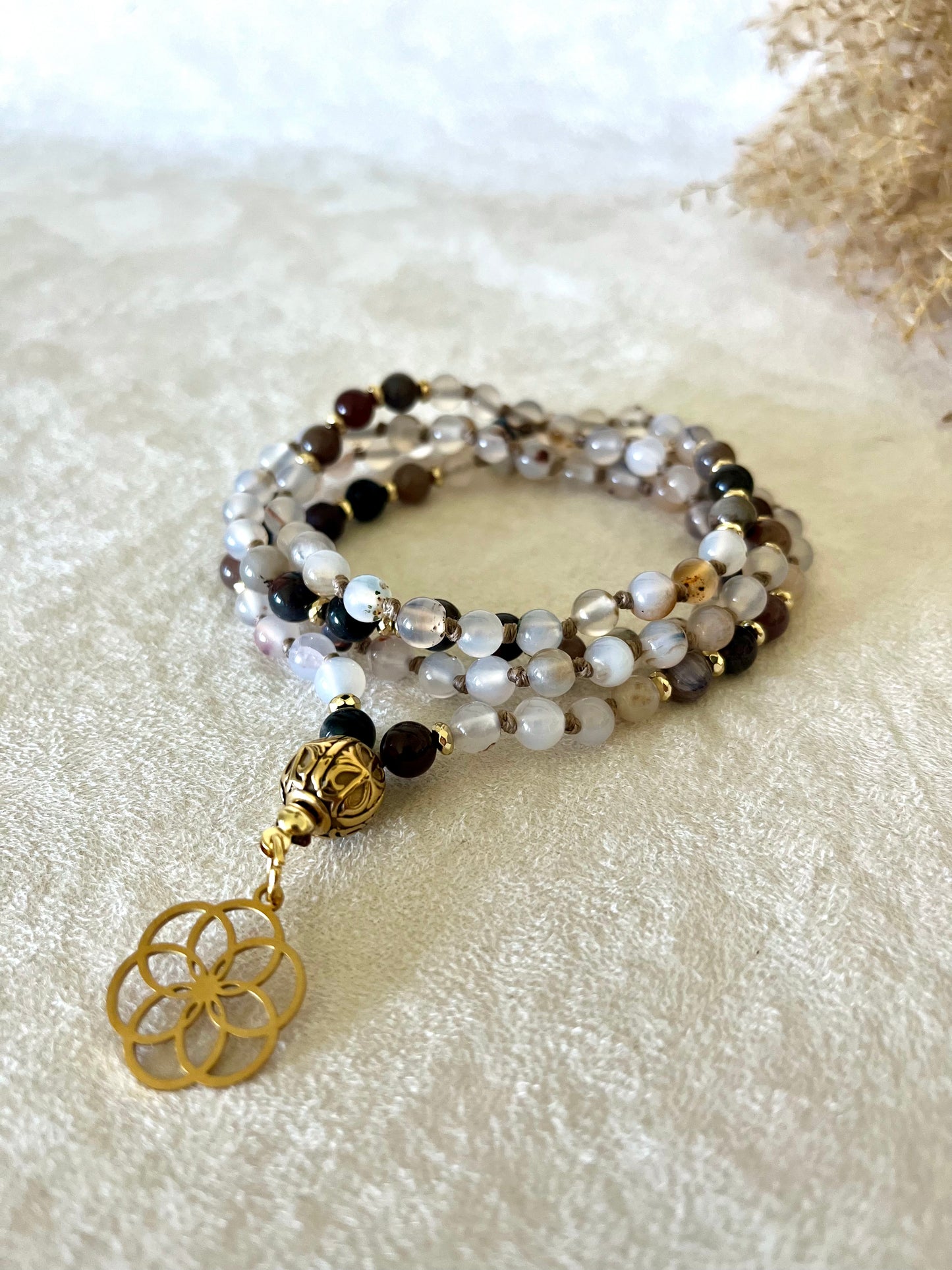 Mini Mala in Dendritic Agate and Petrified Wood - custom mala, spiritual mala, - Samdea Mala