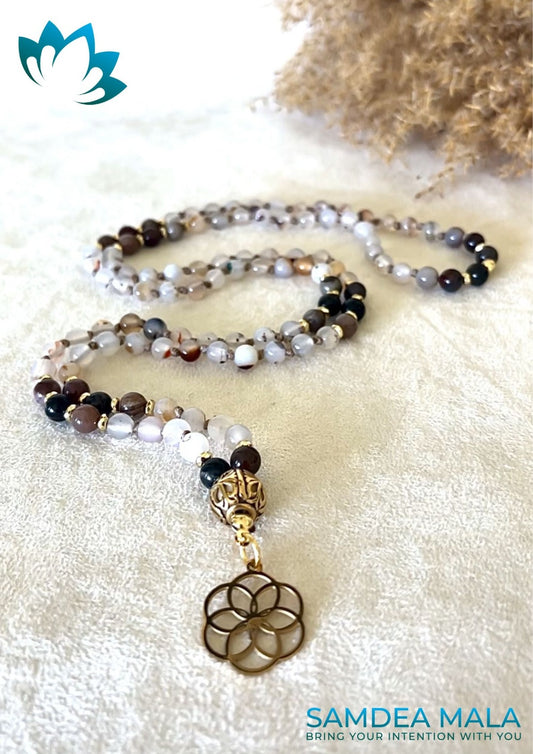 Mini Mala in Dendritic Agate and Petrified Wood - custom mala, spiritual mala - Samdea Mala