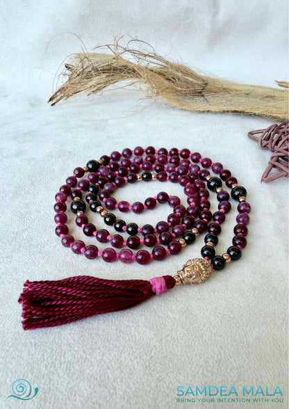 Mini garnet mala necklace 108 beads for meditation, with Buddha charm- Samdea mala