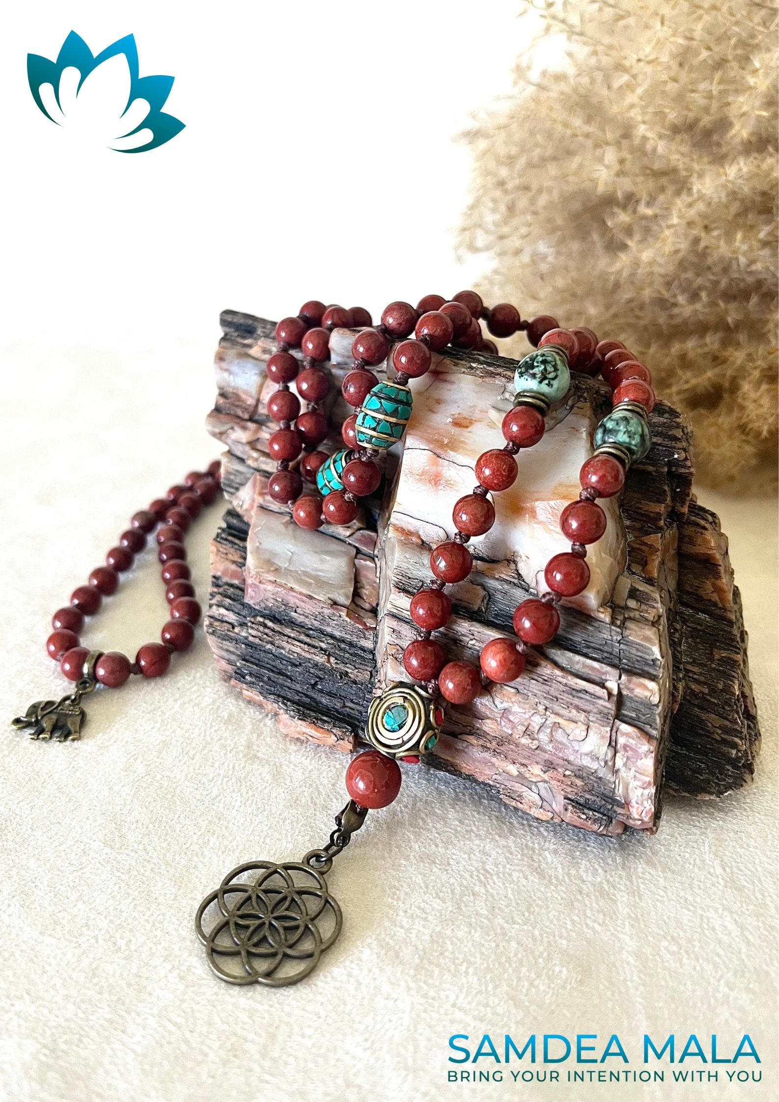 Mini Mala in Red Jasper and African Turquoise - custom mala, spiritual mala - Samdea Mala