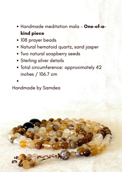 King Boliuli Mala – Hematoid Quartz, Sand Jasper & Soapberry Seeds