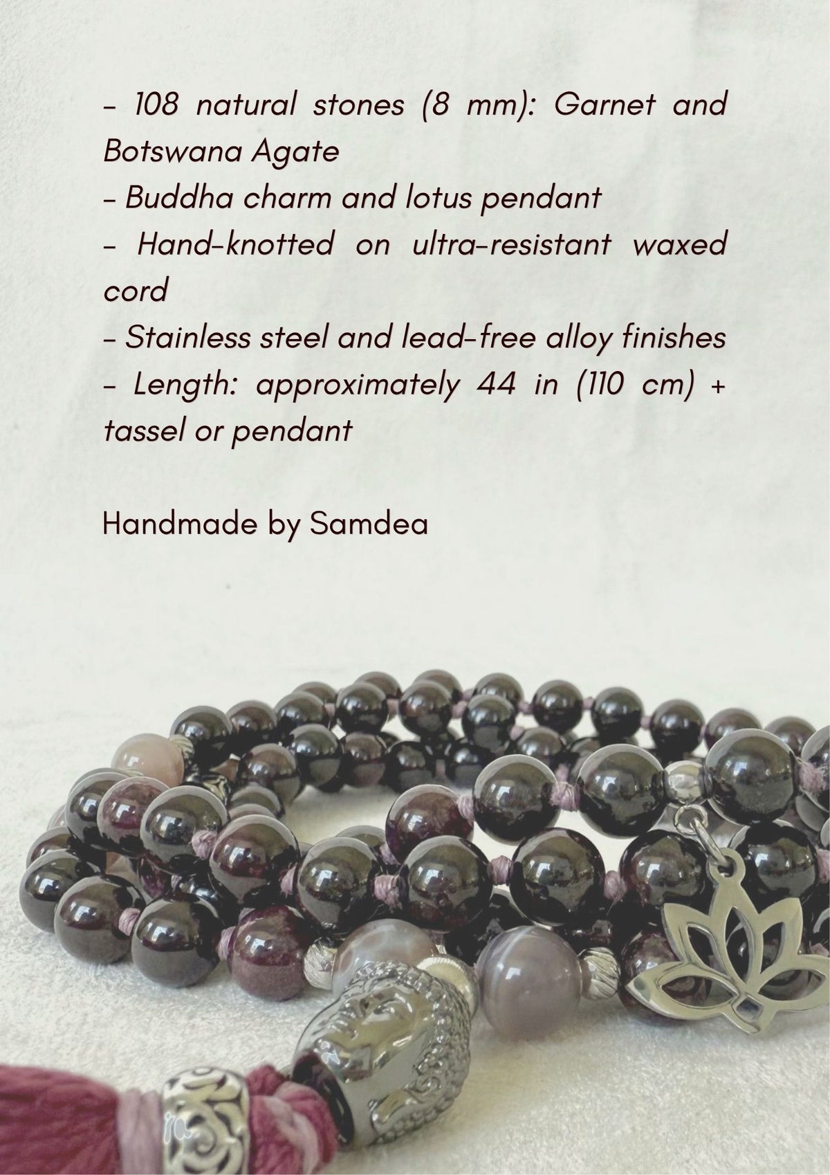 Technical details of a garnet mala necklace 8 mm