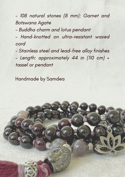 Technical details of a garnet mala necklace 8 mm