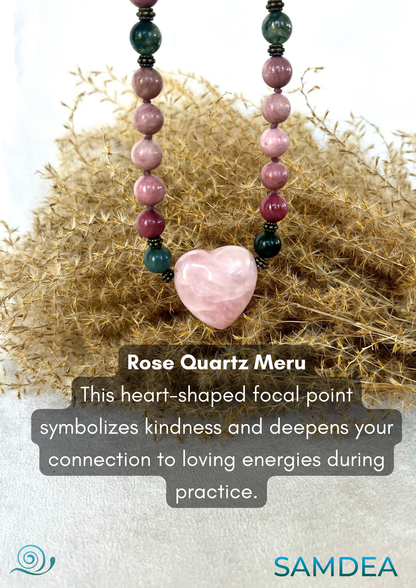 Ho’oponopono Mala Beads – Rose Quartz, Rhodonite & Moss Agate | Handmade Forgiveness Meditation Necklace - Samdea Mala