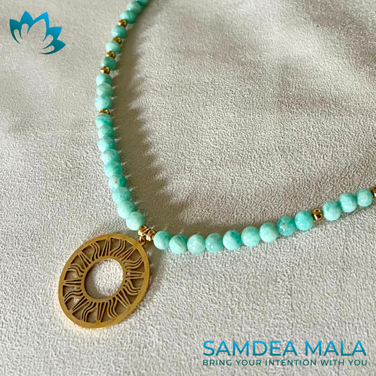 Necklace in Amazzonite with Sun Pendant - meditation bracelet, intention bracelets, custom mala, tibetan wrist mala, energy crystals bracelets, spiritual mala, bracelets with crystals, custom mala bracelet, natural gemstones bracelets - Samdea Mala