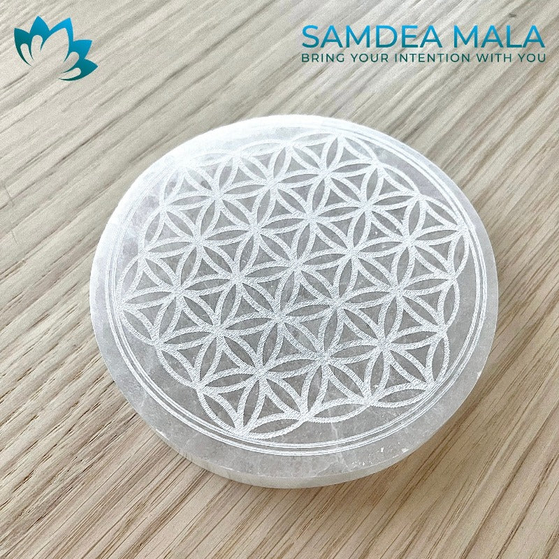 Flower of Life Round Selenite Clening and Charging Plate