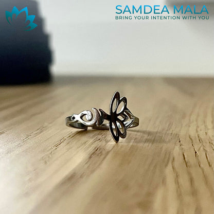 Unalome and Lotus Adjustable Ring – Stainless Steel Spiritual Jewelry - meditation bracelet, intention bracelets, custom mala, tibetan wrist mala, energy crystals bracelets, spiritual mala, bracelets with crystals, custom mala bracelet, natural gemstones bracelets - Samdea Mala
