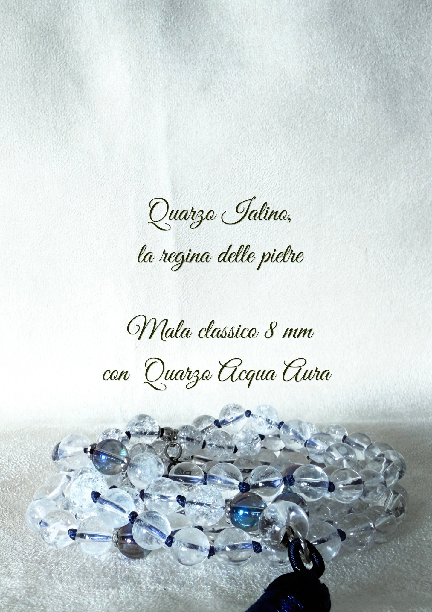 Collana Mala in Quarzo Ialino, Perline Aqua Aura, 108 Perline da Preghiera Meditative, Ciondolo Hamsa