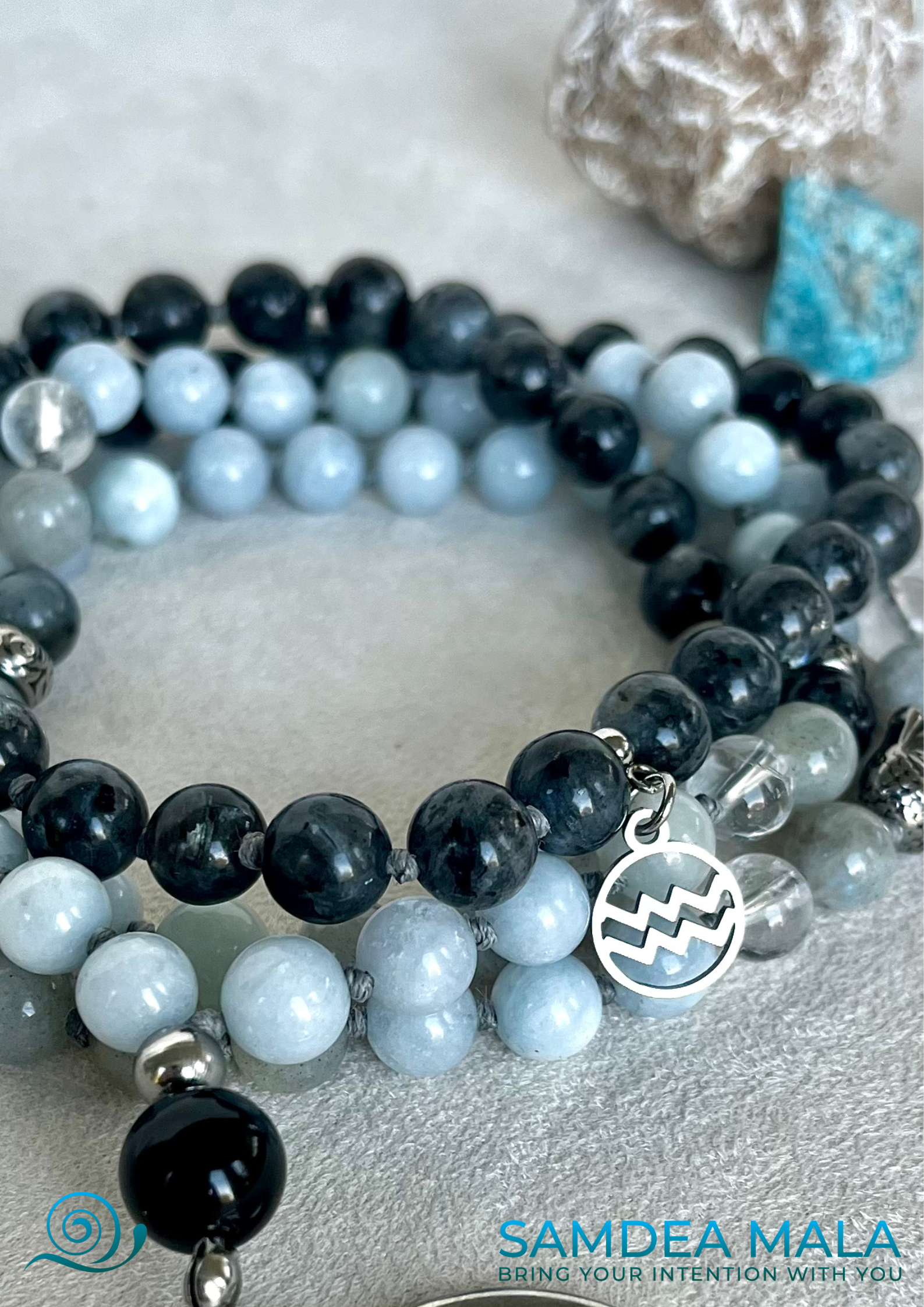 Mala for Aquarius - meditation bracelet, intention bracelets, custom mala, tibetan wrist mala, energy crystals bracelets, spiritual mala, bracelets with crystals, custom mala bracelet, natural gemstones bracelets - Samdea Mala