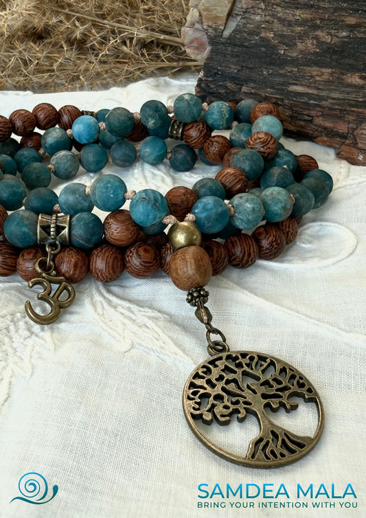Apatite Mala Beads Necklace Handmade – Dragonwood & Tree of Life Pendant for Clarity and Vitality - meditation bracelet, intention bracelets, custom mala, tibetan wrist mala, energy crystals bracelets, spiritual mala, bracelets with crystals, custom mala bracelet, natural gemstones bracelets - Samdea Mala