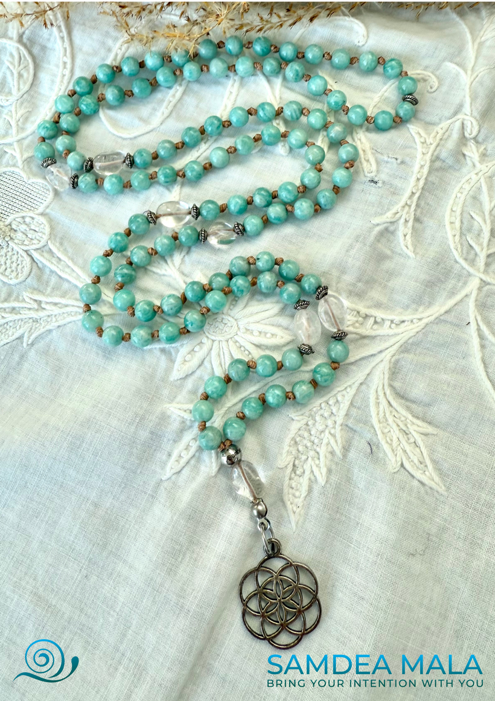 Amazonite Mala Beads Necklace Handmade – Mini Mala with Clear Quartz & Seed of Life Pendant - meditation bracelet, intention bracelets, custom mala, tibetan wrist mala, energy crystals bracelets, spiritual mala, bracelets with crystals, custom mala bracelet, natural gemstones bracelets - Samdea Mala
