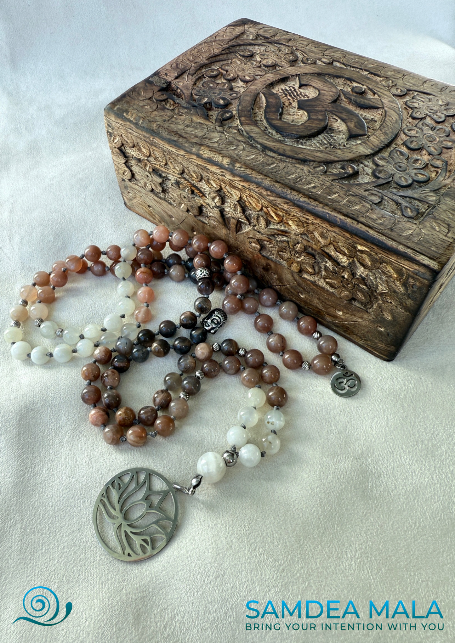 Moonstone Mala – Hand-Knotted Feminine Energy Mala | Intuition Mala with Lotus Pendant | 108 Beads | Self-Connection & Lunar Magic - Samdea Mala