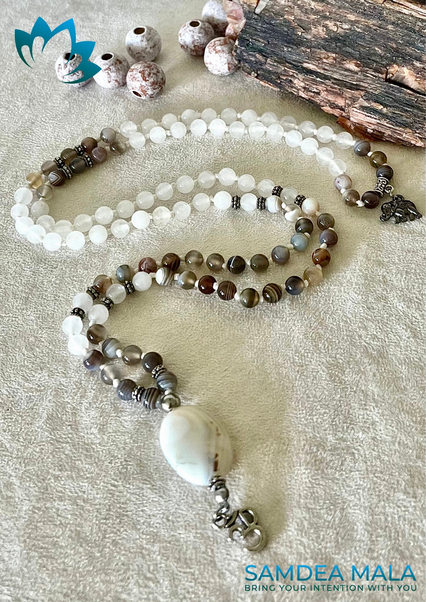 Mini Mala in Selenite, Botswana Agate and Dendritic Agate