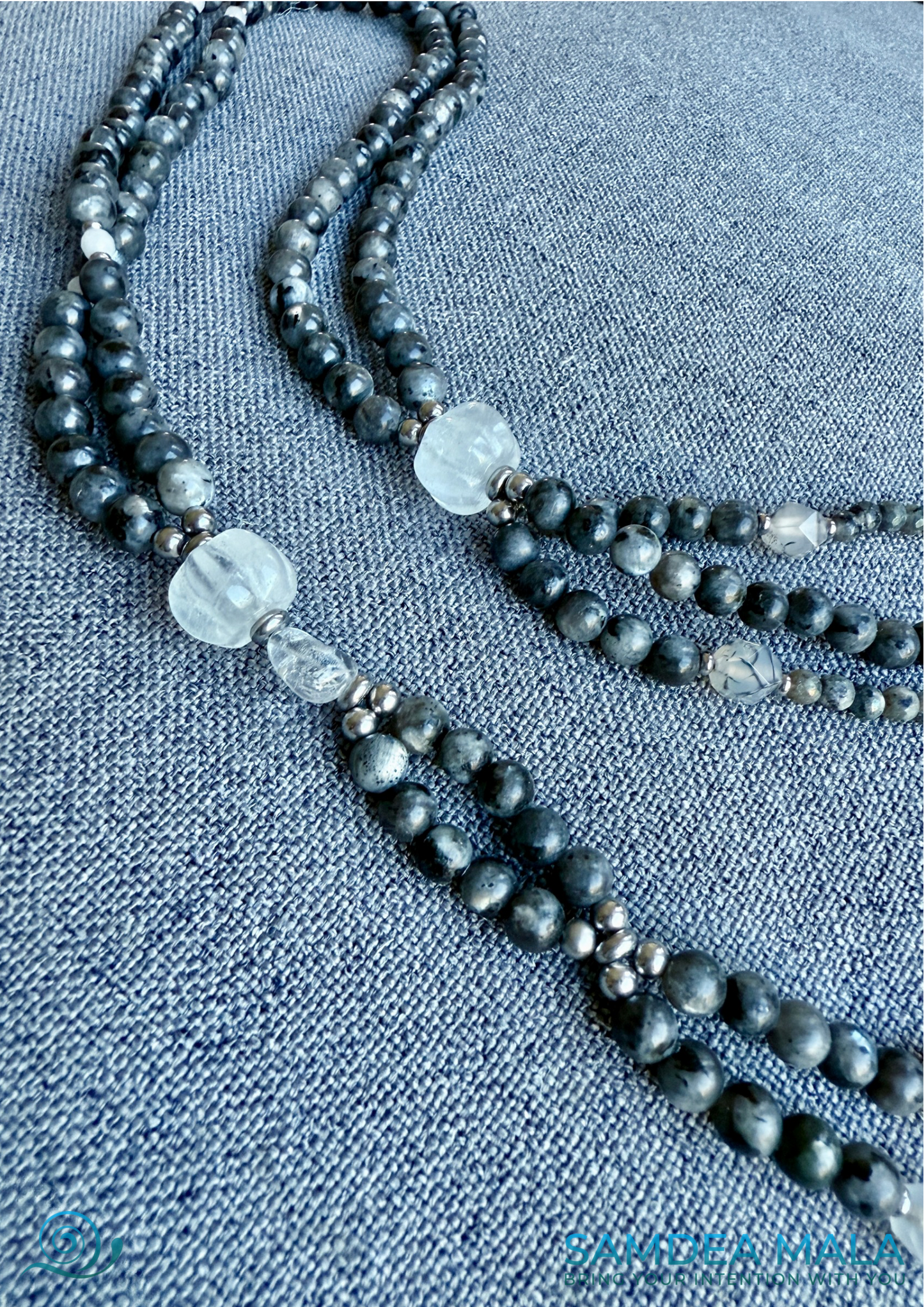 Gray Nichiren Juzu SGI Buddhist Beads — for Daimoku Chanting - Larvikite, Labradorite & Clear Quartz with White Jade Bodhisattva