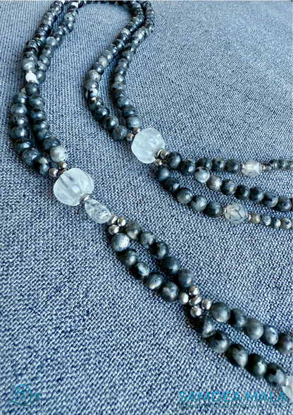 Gray Nichiren Juzu SGI Buddhist Beads — for Daimoku Chanting - Larvikite, Labradorite & Clear Quartz with White Jade Bodhisattva