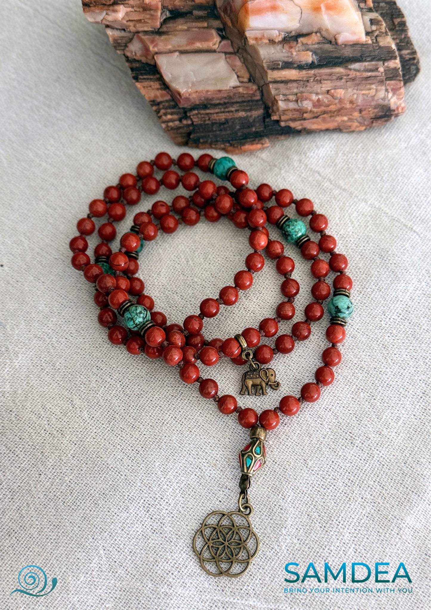 Mini Mala in Red Jasper and African Turquoise – Meditation Necklace for Strength and Personal Growth - Samdea Mala