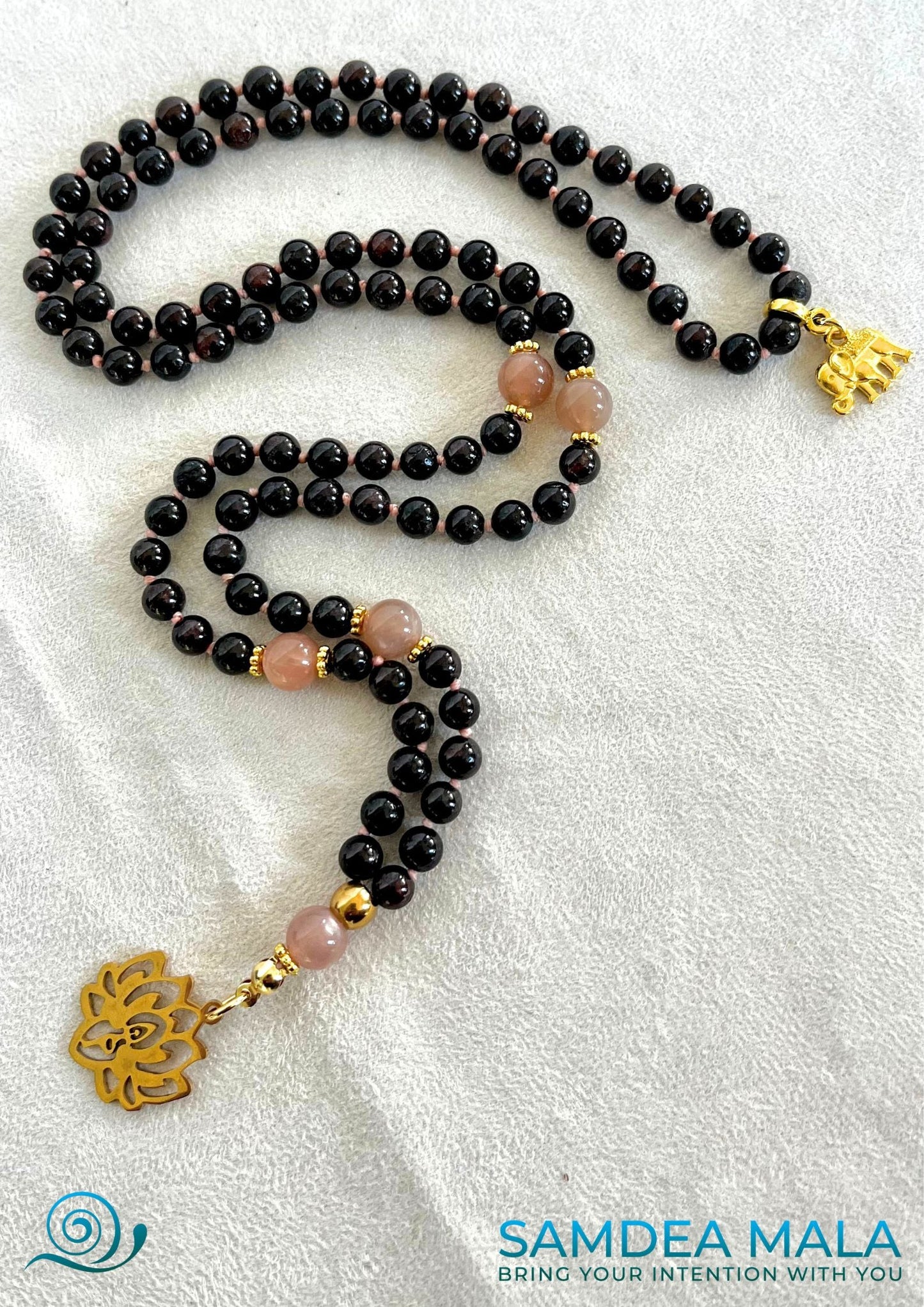 Mini Mala in Garnet, Sunstone, and Lotus — handmade necklace with natural gemstones and lotus pendant, Samdea Mala