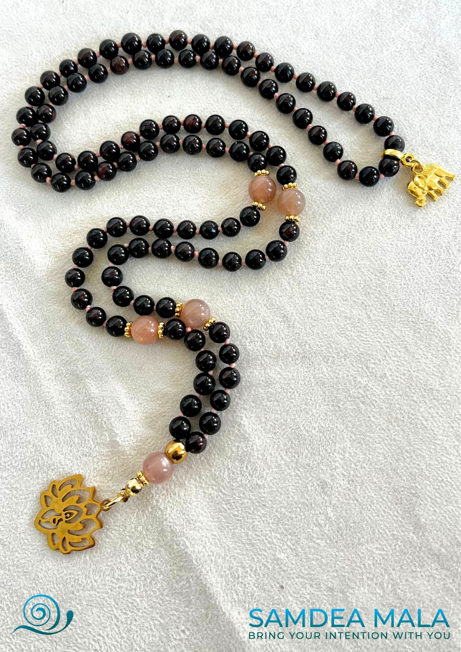 Mini Mala in Garnet, Sunstone, and Lotus — handmade necklace with natural gemstones and lotus pendant, Samdea Mala