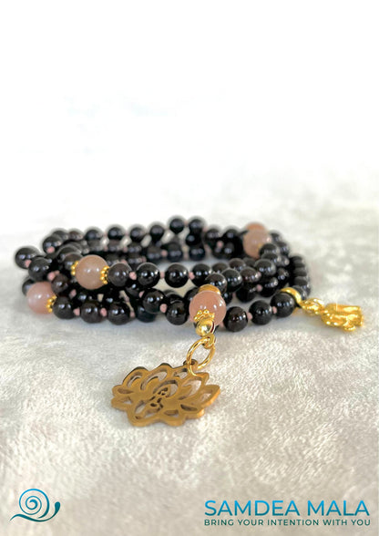 Mini Mala in Garnet, Sunstone, and Lotus — handmade necklace with natural gemstones and lotus pendant, Samdea Mala